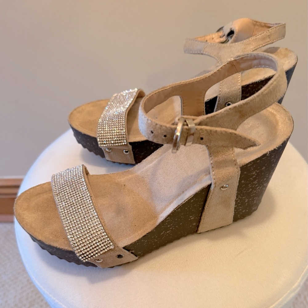 Tan Wedge Sandals with Rhinestone Accents
